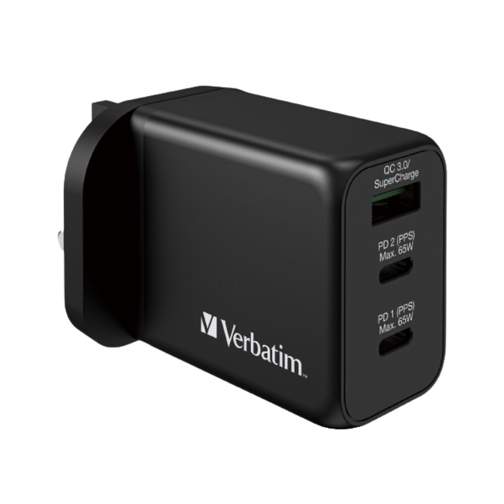 Verbatim 3-Ports 65W GaN Charger with PD & QC3.0 (Black) (UK 3-pin plug, Safety Mark) 66716 4895117967164