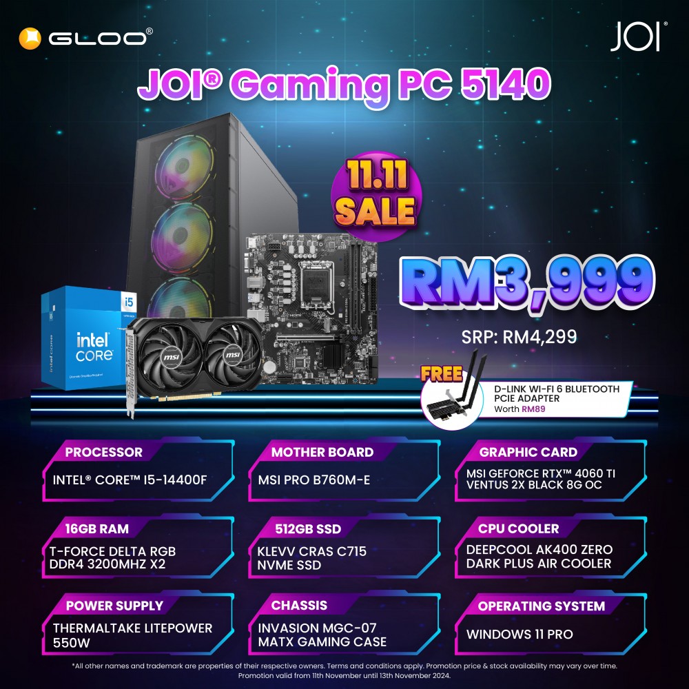 JOI GAMING PC 5140 (i5-14400F/16GB RAM/512GB SSD/RTX 4060TI/W11P)