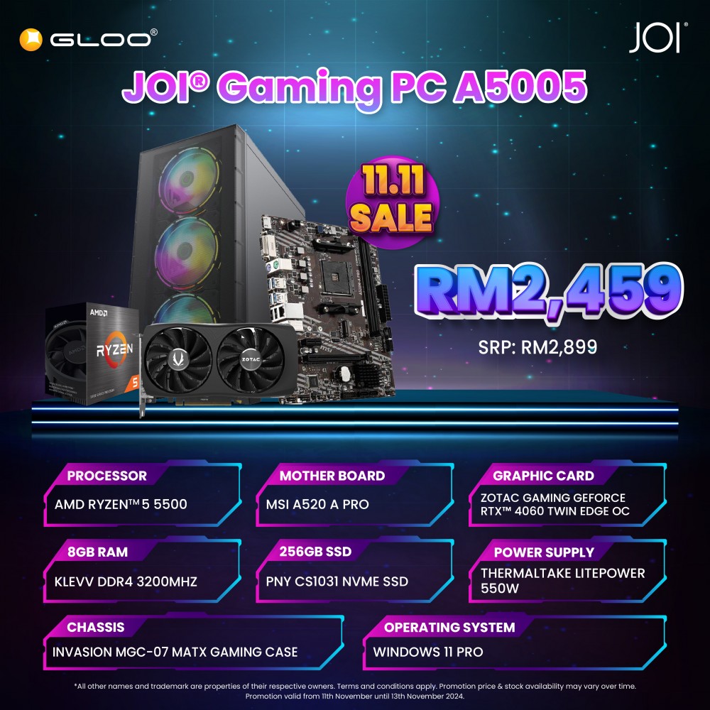 JOI Gaming PC A5005 (RYZEN 5 5500/8GB RAM/256GB SSD/RTX4060/W11P)