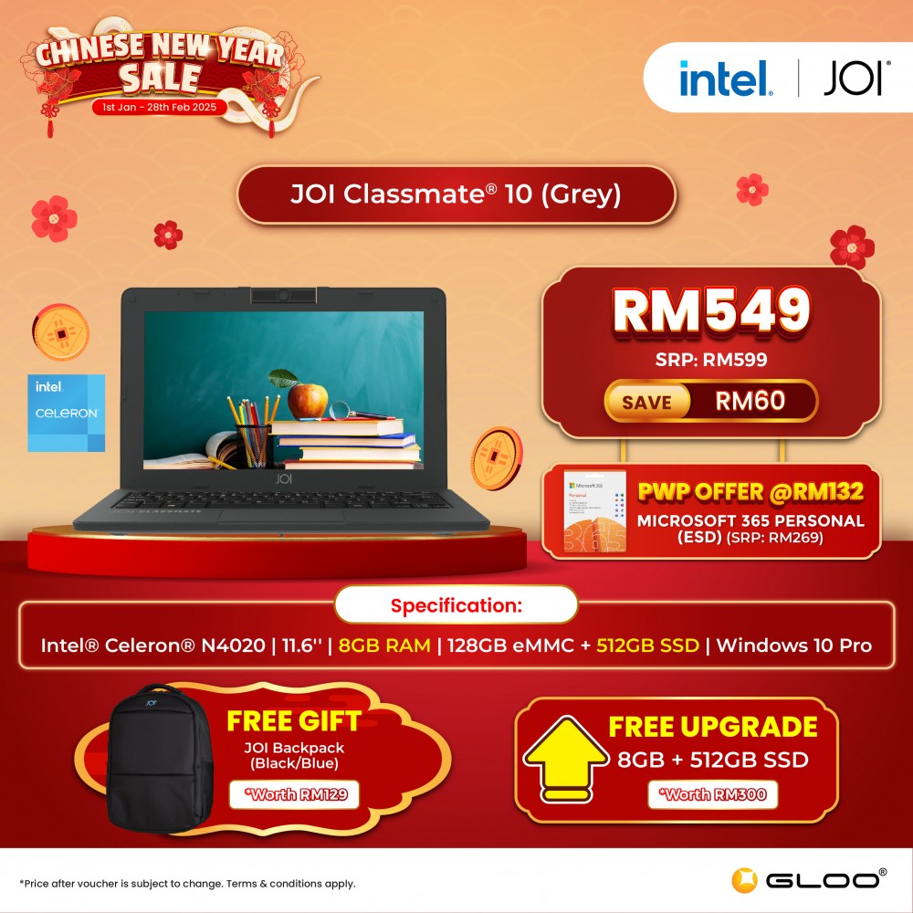 JOI Classmate 10 (Celeron N4020,4GB,128GB eMMC,Intel UHD Graphics 600,11.6”HD,W10 Pro,Grey)