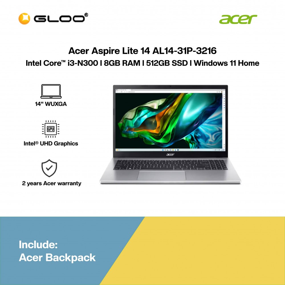 Acer Aspire Lite 14 AL14-31P-3216 Laptop (i3-N300,8GB,512GB SSD,Intel UHD Graphic,H&S,14”WUXGA,W11H,Sil,2Y)