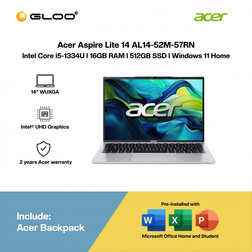 Acer Aspire Lite 14 AL14-52M-57RN Laptop (i5-1334U,16GB,512GB SSD,Intel UHD Graphics,H&S+M365,14"WUXGA,W11H,Pure Silver,2Y)