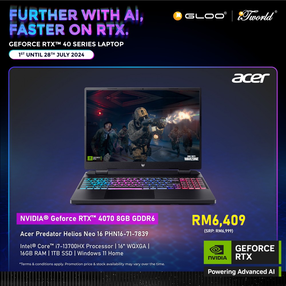 [Pre-order] Acer Predator Helios Neo 16 PHN16-71-7839 Gaming Laptop (NVIDIA® GeForce RTX™ 4070 8GB,i7-13700HX,16GB,1TB SSD,16"WQXGA,W11H,Blk,2Y) [ETA:3-5 working days]