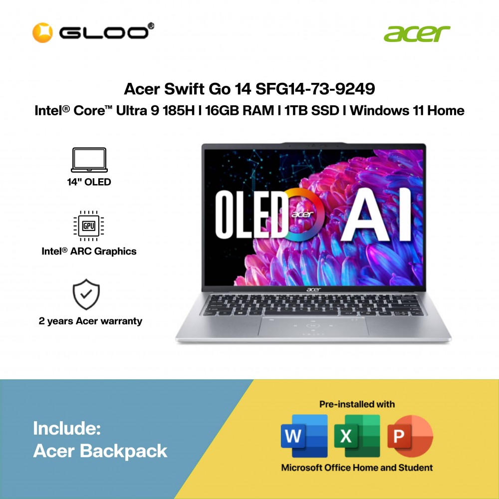 Acer Swift Go 14 SFG14-73-9249 Laptop (U9-185H,16GB,1TB SSD,Intel Arc Graphics,H&S+M365,14" WQXGA+,W11H,Sil,2 Yrs) 