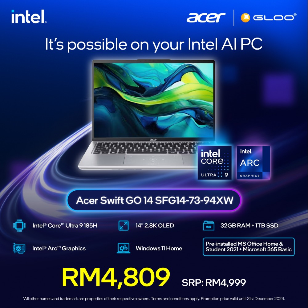 [Pre-order] Acer Swift Go 14 SFG14-73-94XW Laptop (U9-185H,32GB,1TB SSD,Intel Arc Graphics,H&S+M365,14" WQXGA+,W11H,Sil,2Y) [ETA:3-5 working days]