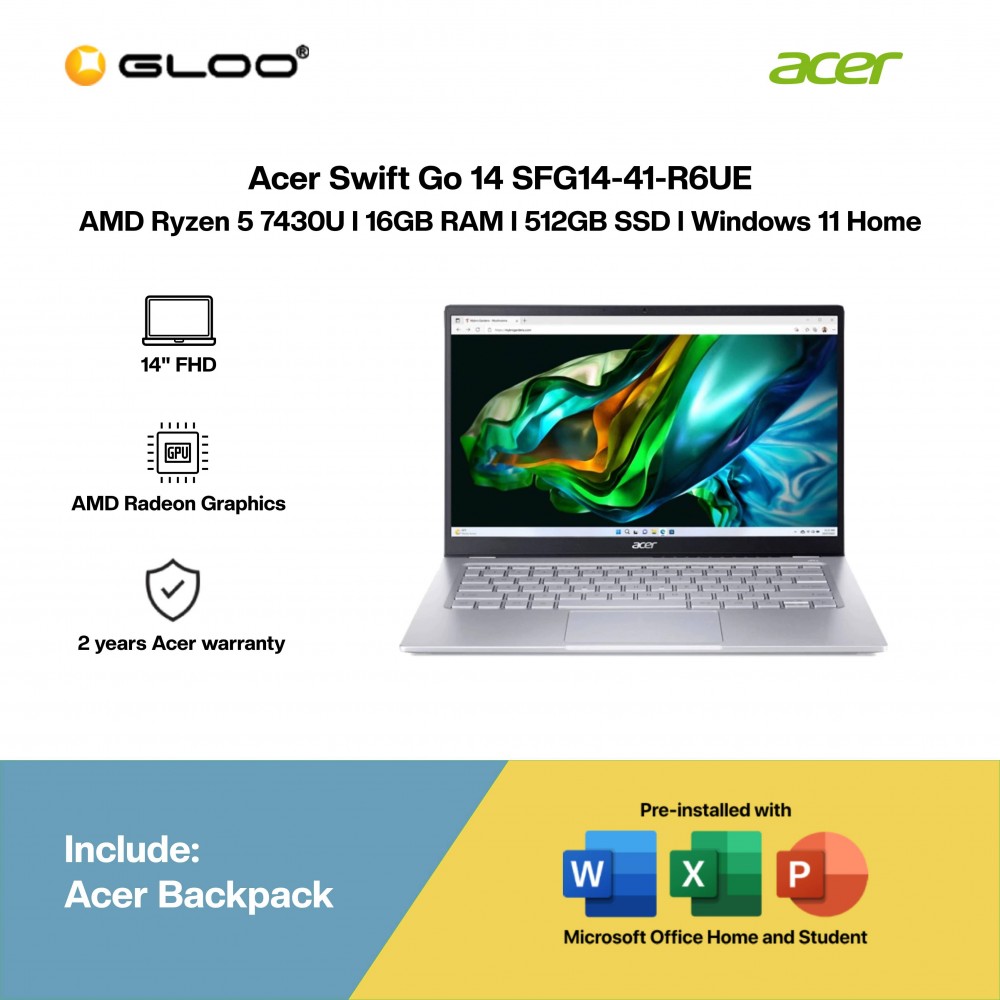 Acer Swift Go 14 SFG14-41-R6UE Laptop (R5-7430U,16GB,512GB SSD,AMD Radeon Graphics,H&S,14” FHD,W11H,Sil,2Y)