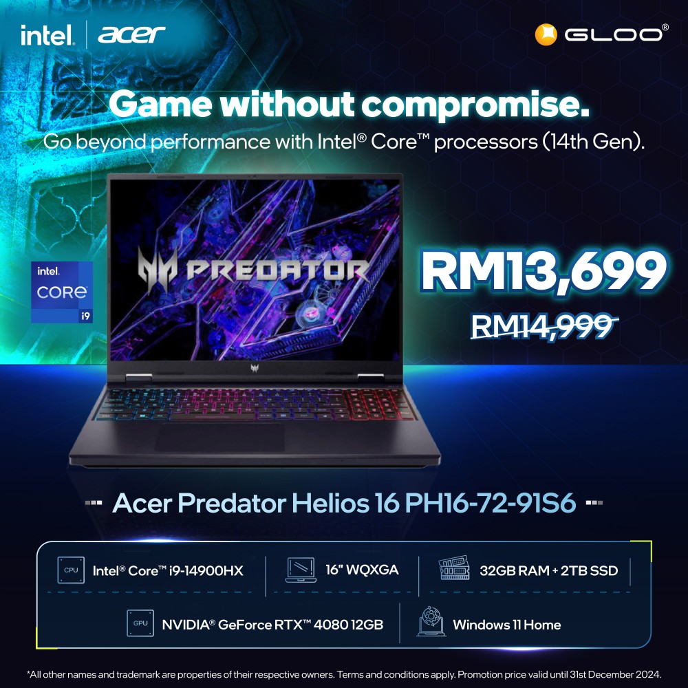 [Pre-order] Acer Predator Helios 16 PH16-72-91S6 Gaming Laptop (i9-14900HX,32GB,2TB SSD,RTX4080 12GB,16” WQXGA,W11H,Blk,2Y) [ETA:3-5 working days]