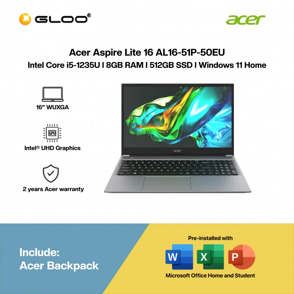 Acer Aspire Lite 16 AL16-51P-50EU Laptop (i5-1235U,8GB,512GB SSD,Intel UHD Graphics,H&S,16” WUXGA, W11H,Grey,2Y)