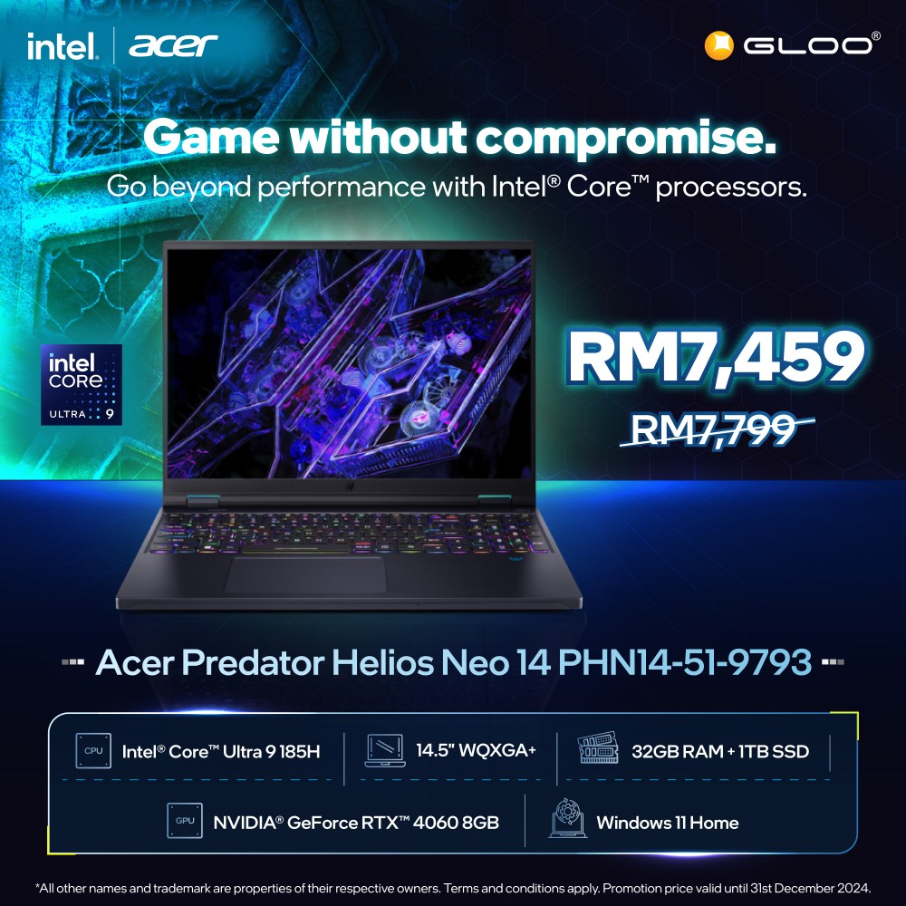 [Pre-order] Acer Predator Helios Neo 14 PHN14-51-9793 Gaming Laptop (U9-185H,32GB,1TB SSD,RTX4060 8GB,14.5” WQXGA+,W11H,Blk,2 Yrs) [ETA:3-5 working days]