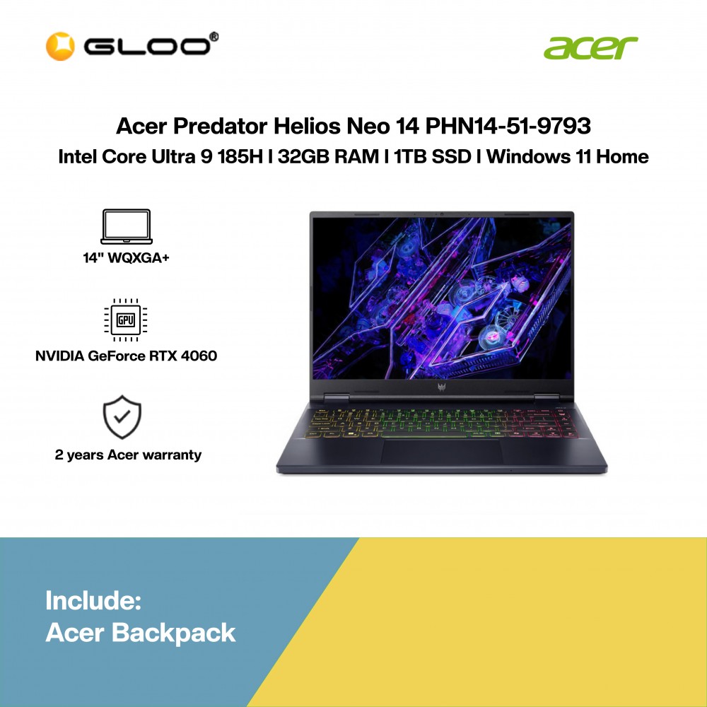 [Pre-order] Acer Predator Helios Neo 14 PHN14-51-9793 Gaming Laptop (U9-185H,32GB,1TB SSD,RTX4060 8GB,14.5” WQXGA+,W11H,Blk,2 Yrs) [ETA:3-5 working days]