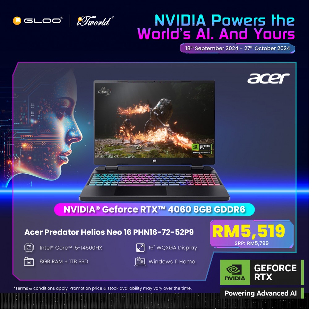 [Pre-order] Acer Predator Helios Neo 16 PHN16-72-52P9 Gaming Laptop (NVIDIA® GeForce RTX™ 4060 8GB,i5-14500HX,8GB,1TB SSD,16” WQXGA,W11H,Blk,2Y) [ETA:3-5 working days]