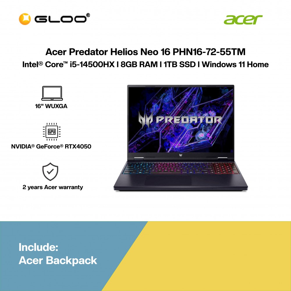 [Pre-order] Acer Predator Helios Neo 16 PHN16-72-55TM Gaming Laptop (i5-14500HX,8GB,1TB SSD,RTX4050 6GB,16”WUXGA,W11H,Blk,2 Yrs) [ETA: 3-5 working days]