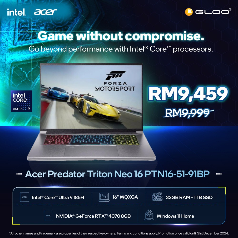 [Pre-order] Acer Predator Triton Neo 16 PTN16-51-91BP Gaming Laptop (CU9-185H,32GB,1TB SSD,RTX4070 8GB,16"WQXGA+ 3.2K,W11H,Blk,2Y) [ETA:3-5 working days]