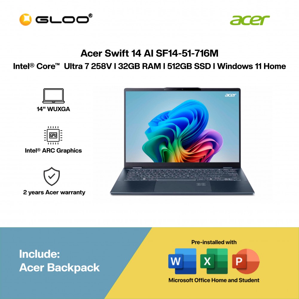 Acer Swift 14 AI SF14-51-716M Laptop (U7 Series 2-258V,32GB,512GB SSD.Intel Arc Graphics,H&S+M365,14” WUXGA,W11H,Blue,2Y)