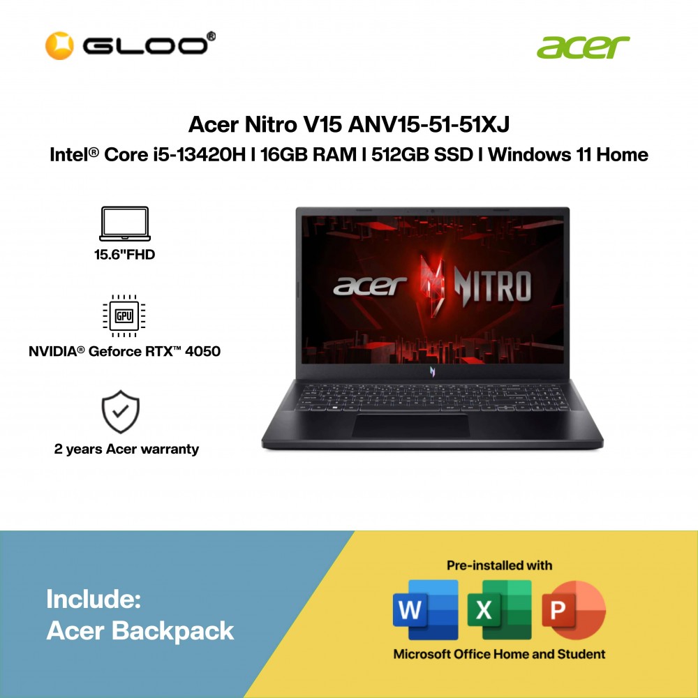 Acer Nitro V15 ANV15-51-51XJ Gaming Laptop (i5-13420H,16GB,512GB SSD,RTX4050 6GB,H&S,15.6” FHD,W11H,Blk,2Y)