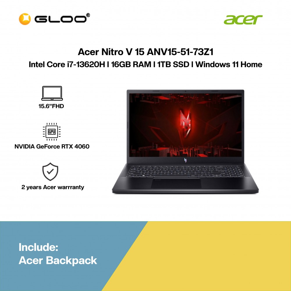 Acer Nitro V 15 ANV15-51-73Z1 Gaming Laptop (NVIDIA® GeForce RTX™ 4060 8GB, i7-13620H,16GB,1TB SSD,15.6”FHD,W11H,Blk,2Y)