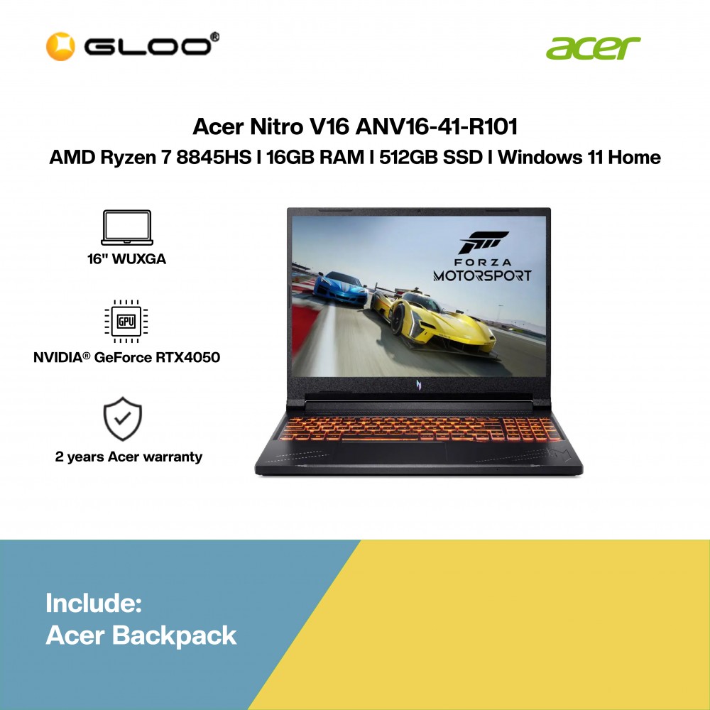 [Pre-order] Acer Nitro V16 ANV16-41-R101 Gaming Laptop (NVIDIA® GeForce RTX™ 4050 6GB,R7-8845HS,16GB,512GB SSD,16”WUXGA,W11H,Blk,2Yrs) [ETA:3-5 working days]