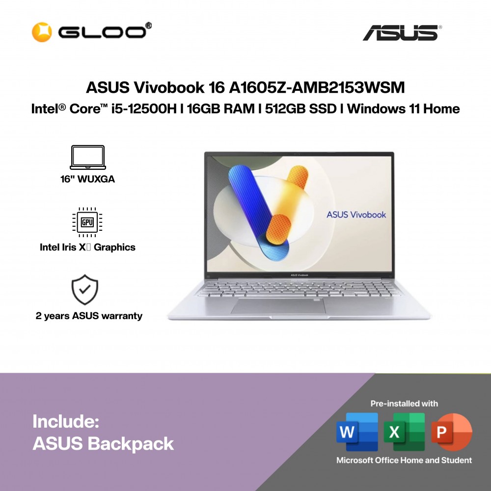 ASUS Vivobook 16 A1605Z-AMB2153WSM Laptop (i5-12500H,16GB,512GB SSD,Intel Iris Xe Graphics,H&S+M365,16”WUXGA,W11H,Silver,2Y)