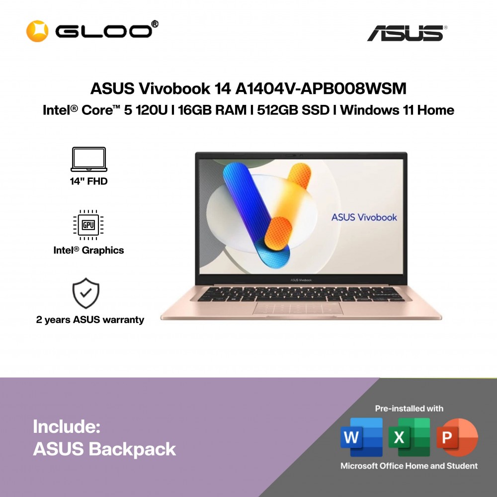 ASUS Vivobook 14 A1404V-APB008WSM Laptop (C5-120U,16GB,512GB SSD, Intel Graphics,H&S+M365,14” FHD,W11H,Terra Cotta,2Y)