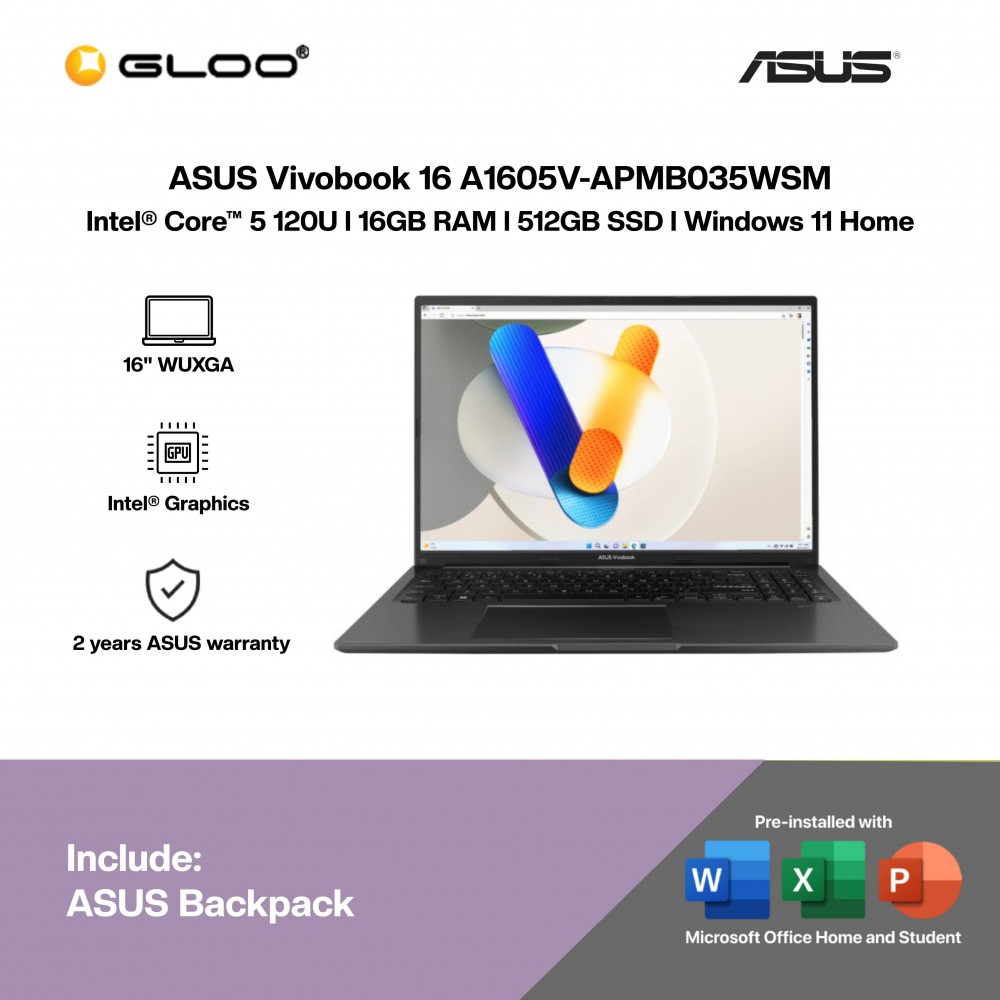 ASUS Vivobook 16 A1605V-APMB035WSM Laptop (C5-120U,16GB,512GB SSD,Integrated,H&S+M365,16”WUXGA,W11H,Blk,2Y)