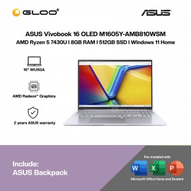 ASUS Vivobook 16 OLED M1605Y-AMB810WSM Laptop (R5-7430U,8GB,512GB SSD,AMD Radeon Graphics,H&S+M365,16” WUXGA,W11H,Sil,2Y)