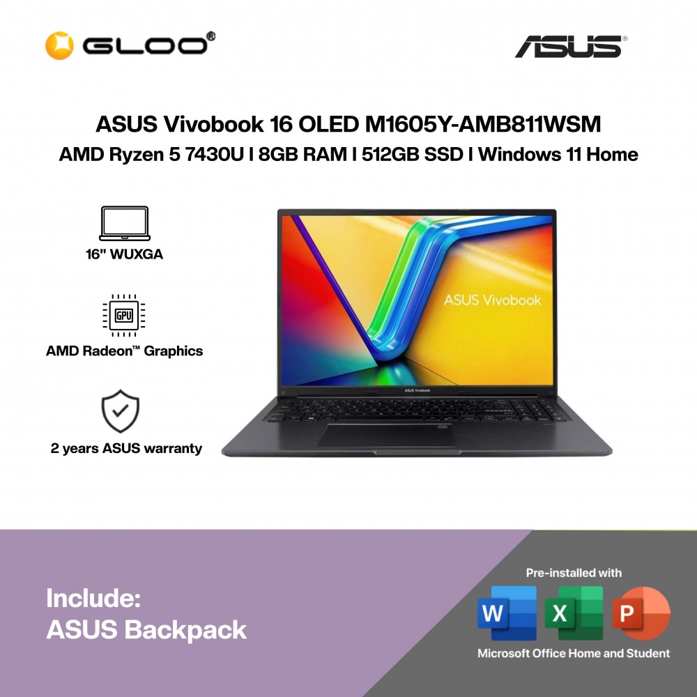 ASUS Vivobook 16 OLED M1605Y-AMB811WSM Laptop (R5-7430U,8GB,512GB SSD,AMD Radeon Graphics,H&S+M365,16” WUXGA,W11H,Blk,2Y)