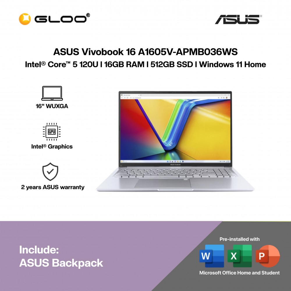 ASUS Vivobook 16 A1605V-APMB036WS Laptop (C5-120U,16GB,512GB SSD,Integrated,H&S,16” WUXGA,W11H,Sil,2Y)