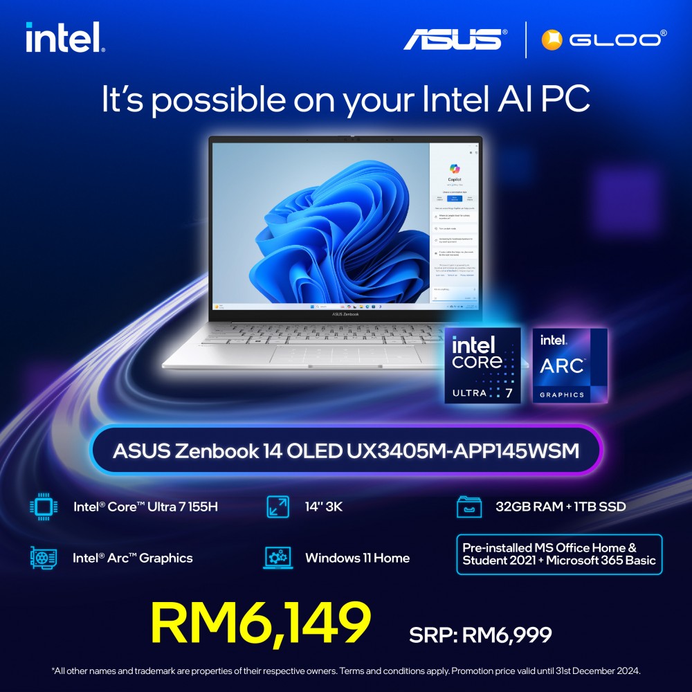 [Pre-order] ASUS Zenbook 14 OLED UX3405M-APP145WSM Laptop (CU7-155H,32GB,1TB,Intel Arc,H&S+M365,14"3K OLED,W11H,Foggy Silver,2Y) [ETA:3-5 working days]