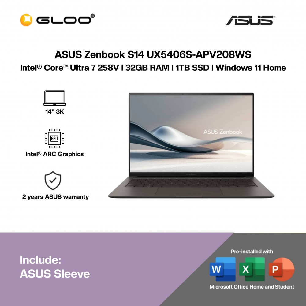 ASUS Zenbook S14 UX5406S-APV208WS Laptop (U7-258V,32GB,1TB SSD,32GB,1TB SSD,Intel Arc Graphics,H&S+M365,14”3K OLED,W11H,Gray,2Y)