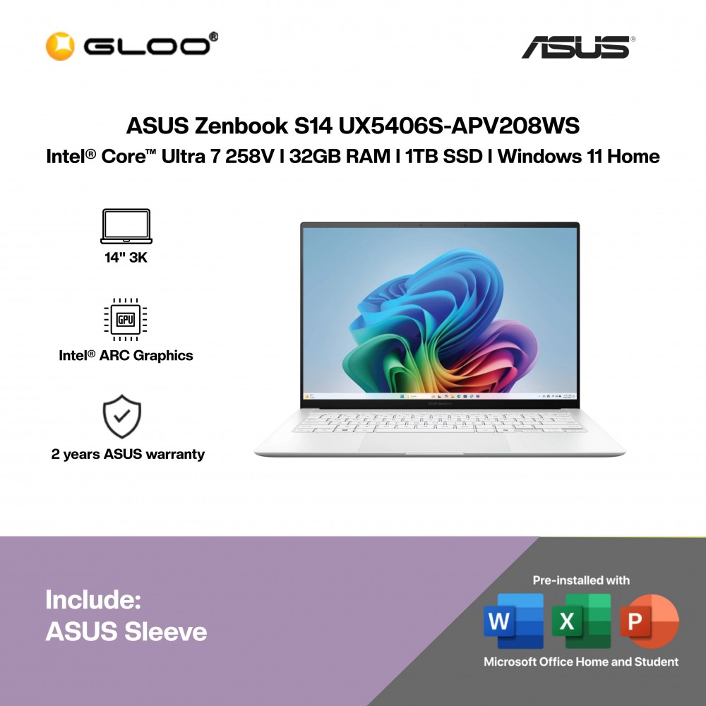 ASUS Zenbook S14 UX5406S-APV209WS Laptop (CU7-258V,32GB,1TB SSD,Intel Arc Graphics,H&S+M365,14"3K OLED,W11H,Scandinavian White,2Y)