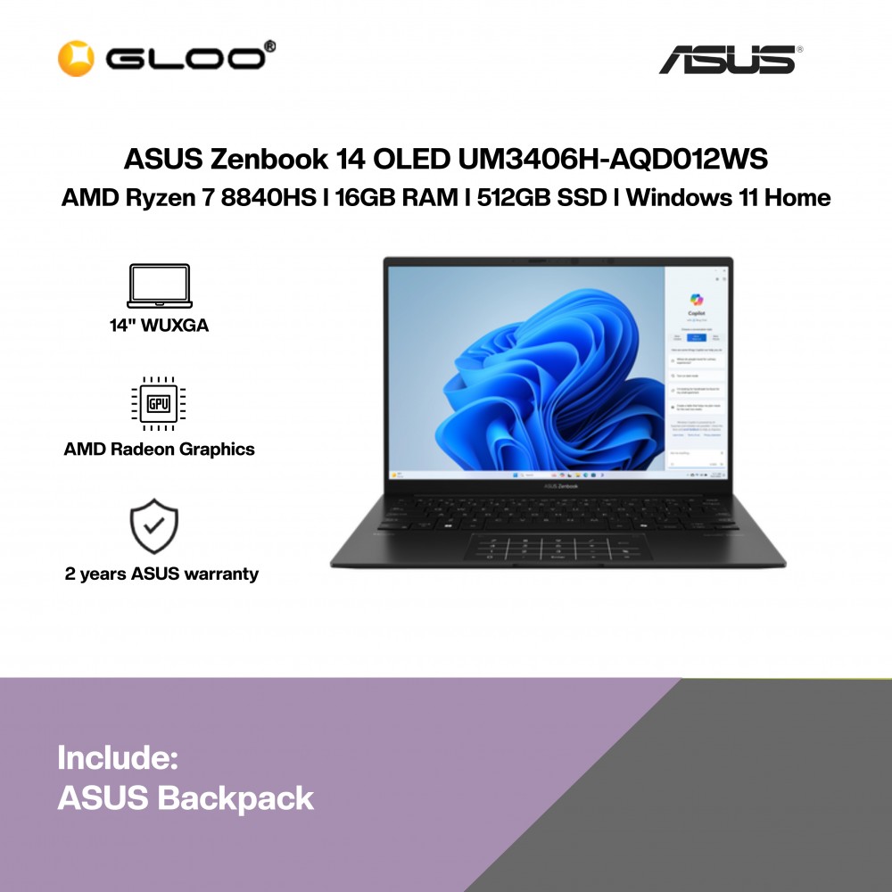 [Pre-order] ASUS Zenbook 14 OLED UM3406H-AQD012WS Laptop (R7-8840HS,16GB,512GB SSD,AMD Radeon Graphics,H&S,14” OLED,W11H,Black,2Y) [ETA:3-5 working days]