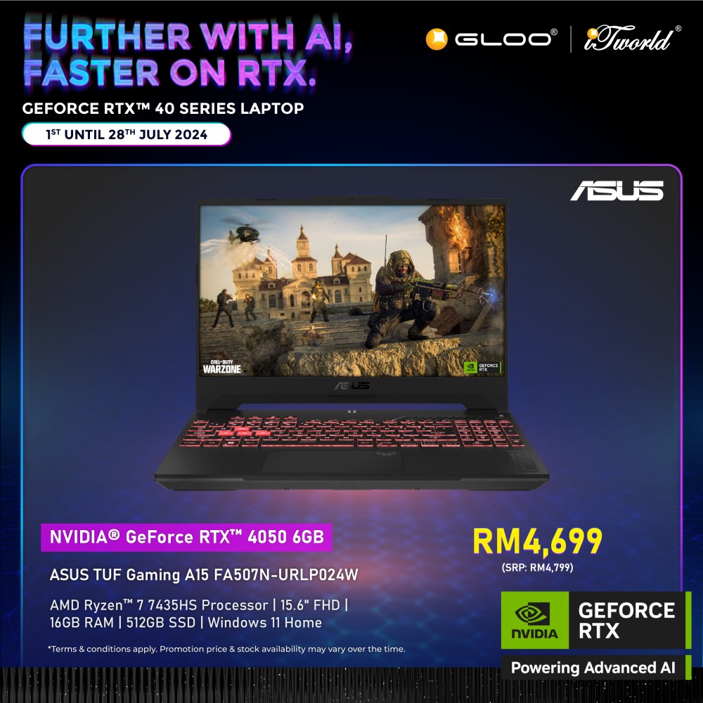 [Pre-order] ASUS TUF Gaming A15 FA507N-URLP024W Laptop (NVIDIA® GeForce RTX™ 4050 6GB,R7-7435HS,16GB,512GB SSD,15.6”FHD,W11H,Gray,2 Yrs)