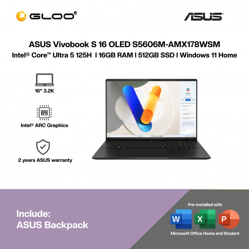 ASUS Vivobook S 16 OLED S5606M-AMX178WSM Laptop (CU5-125H,16GB,512GB SSD,Intel Arc Graphics,H&S+M365,16"3.2K OLED,W11H,Black,2Y) M