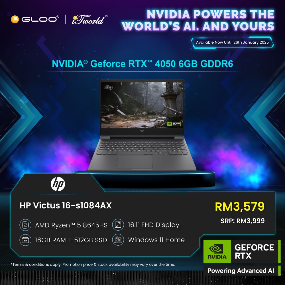 HP Victus Gaming Laptop 16-s1084AX (NVIDIA® GeForce RTX™ 4050 6GB GDDR6 | AMD Ryzen™ 5 8645HS Processor | 16.1" FHD | 16GB RAM | 512GB SSD | Windows 11 Home)