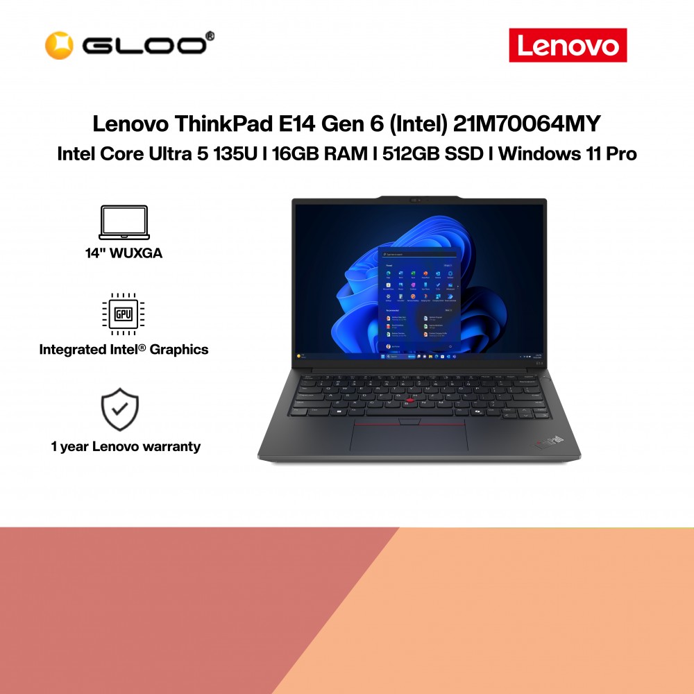 Lenovo ThinkPad E14 Gen 6 (Intel) 21M70064MY (Core Ultra 5-135U vPro,16GB,512GB SSD,Intel Graphics,14"WUXGA,W11P,Black,1Y)