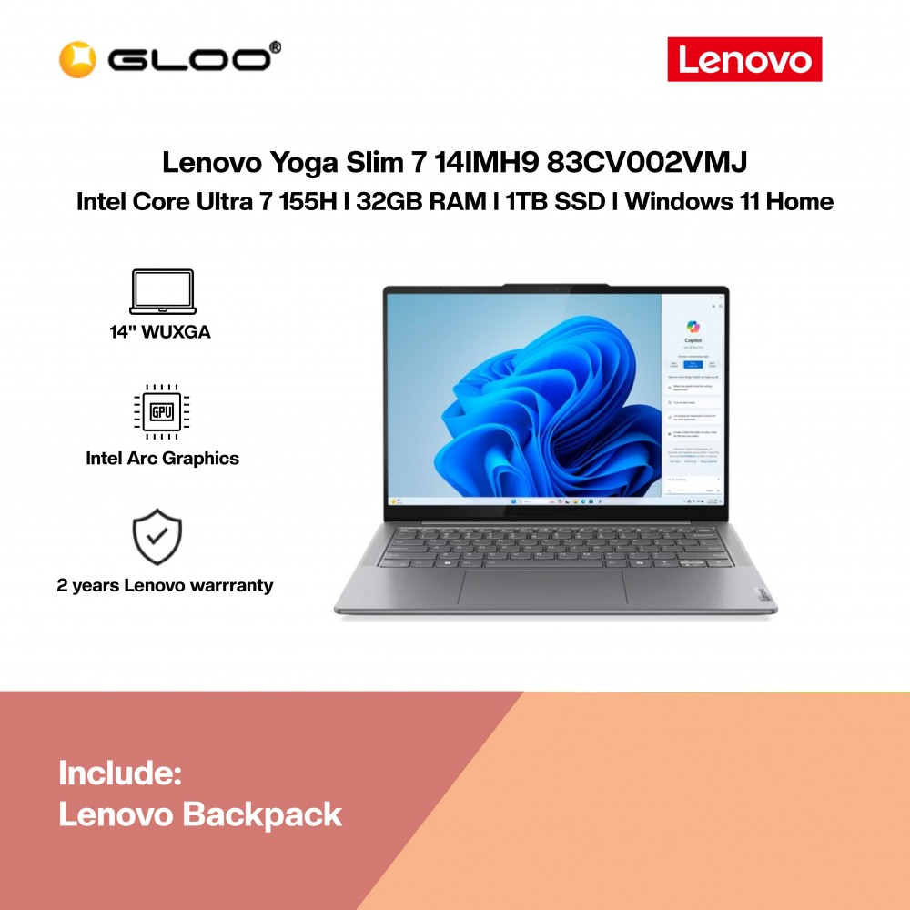 Lenovo Yoga Slim 7 14IMH9 83CV002VMJ Laptop (CORE ULTRA 7-155H,32GB,1TB SSD,Intel Arc,H&S,14”WUXGA OLED,W11H,Luna Grey,2Y)