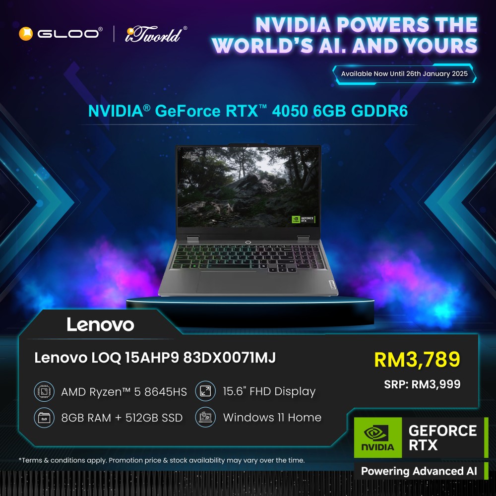 Lenovo LOQ 15AHP9 83DX0071MJ Gaming Laptop (NVIDIA® GeForce RTX™ 4050 6GB,R5-8645HS,8GB,512GB SSD,15.6"FHD,W11H,Luna Grey,2Yrs)