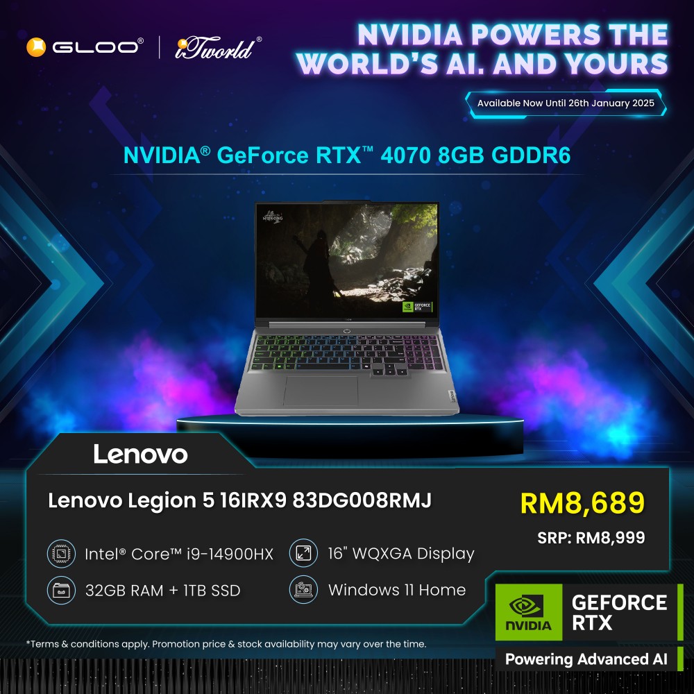 [Pre-order] Lenovo Legion 5 16IRX9 83DG008RMJ Gaming Laptop (NVIDIA® GeForce RTX™ 4070 8GB,i9-14900HX,32GB,1TB SSD,16"WQXGA,W11H,Luna Grey,2Yrs) [ETA:3-5 working days]