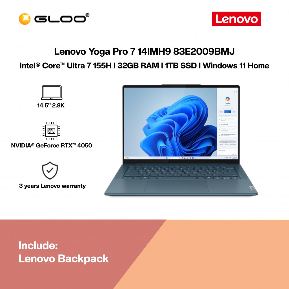 [Pre-order] Lenovo Yoga Pro 7 14IMH9 83E2009BMJ Gaming Laptop (U7-155H,32GB,1TB SSD,RTX4050 6GB,H&S,14.5” 2.8K OLED,W11H,Tidal Teal,3 Yrs) [ETA:3-5 working days]