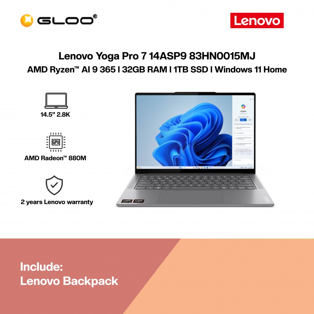 Lenovo Yoga Pro 7 14ASP9 83HN0015MJ Laptop (R9 AI-365,32GB,1TB SSD,Integrated Graphics,H&S,14.5”2.8K OLED,W11H,Luna Grey,2Y)