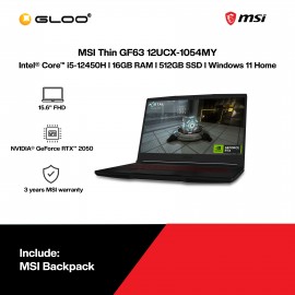 MSI Thin GF63 12UCX-1054MY Laptop (i5-12450H,16GB,512GB SSD,NV RTX2050 4GB,15.6"FHD,W11H,3Y)