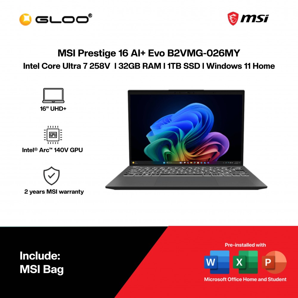 MSI Prestige 16 AI+ Evo B2VMG-026MY AI Laptop (CU7-258V,32GB,1TB SSD,Intel Arc 140V,H&S,16"UHD+ OLED,W11H,Stellar Gray,2Y) 