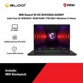 MSI Sword 16 HX B14VGKG-620MY Gaming Laptop (NVIDIA® GeForce RTX™ 4070 8GB,i9-14900HX,16GB,1TB SSD,16”QHD+,W11H,Gray,2Y)