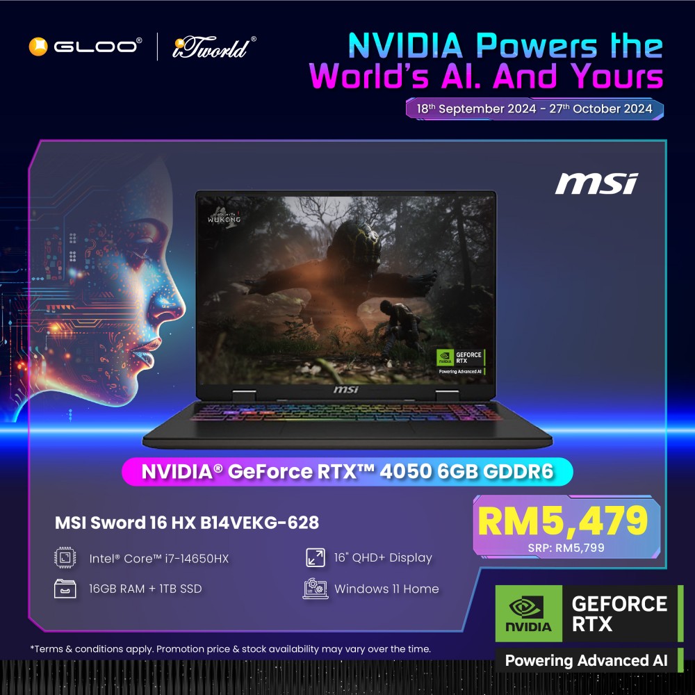 [Pre-order] MSI Sword 16 HX B14VEKG-628MY Gaming Laptop (NVIDIA® GeForce RTX™ 4050 6GB, i7-14650HX,16GB,1TB SSD,16”QHD+,W11H,Gray,2Y) [ETA:3-5 working days]