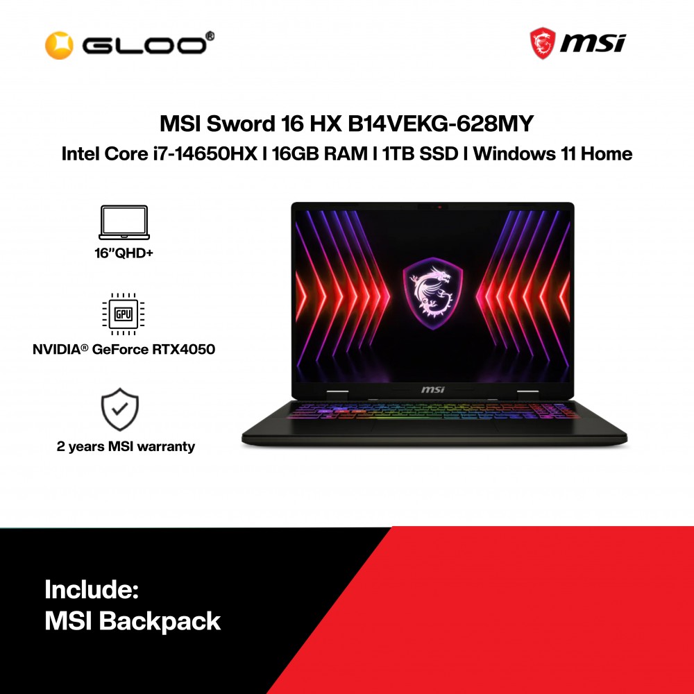 [Pre-order] MSI Sword 16 HX B14VEKG-628MY Gaming Laptop (Intel® Core™ i7 14650HX l 16" QHD+ l 16GB RAM l 1TB SSD l NVIDIA® GeForce RTX™ 4050 6GB l Windows 11 Home)