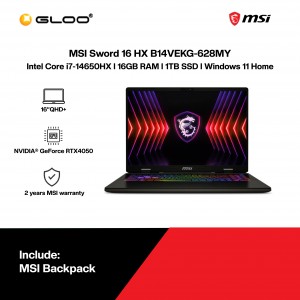 [Pre-order] MSI Sword 16 HX B14VEKG-628MY Gaming Laptop (NVIDIA® GeForce RTX™ 4050 6GB, i7-14650HX,16GB,1TB SSD,16”QHD+,W11H,Gray,2Y) [ETA:3-5 working days]