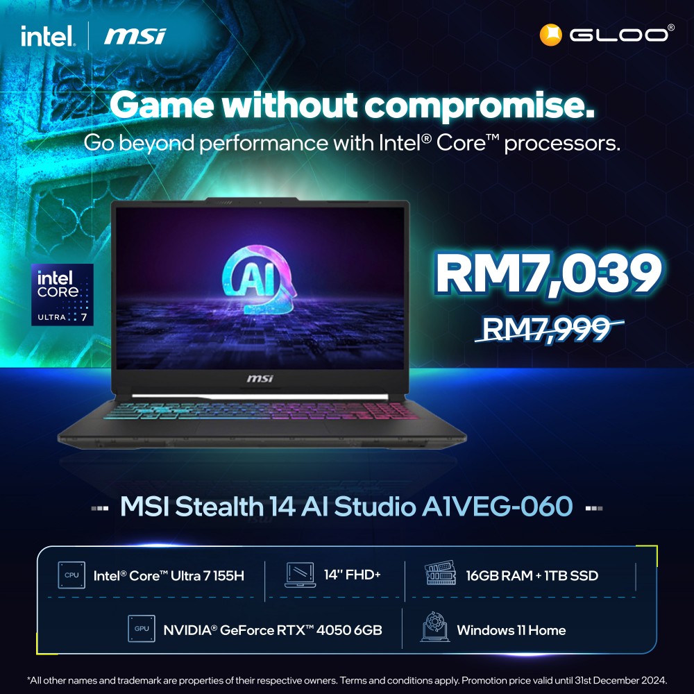 [Pre-order] MSI Stealth 14 AI Studio A1VEG-060MY Gaming Laptop (CU7-155H,16GB,1TB SSD,RTX4050 6GB,14"FHD+,W11H,Star Blue,2Y) [ETA:3-5 working days]