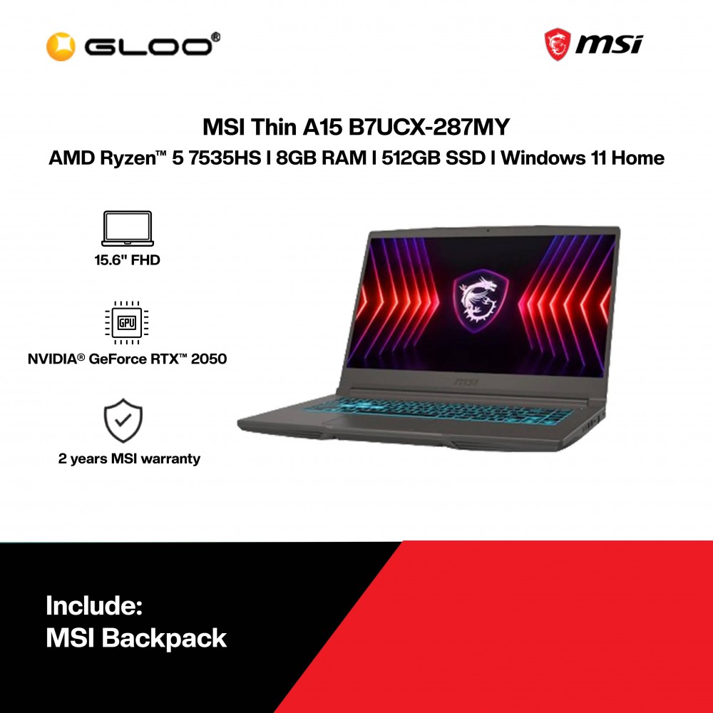 MSI Thin A15 B7UCX-287MY Gaming Laptop (R5-7535HS,8GB,512GB SSD,RTX2050 4GB,15.6"FHD,W11H,Gray,2Y)