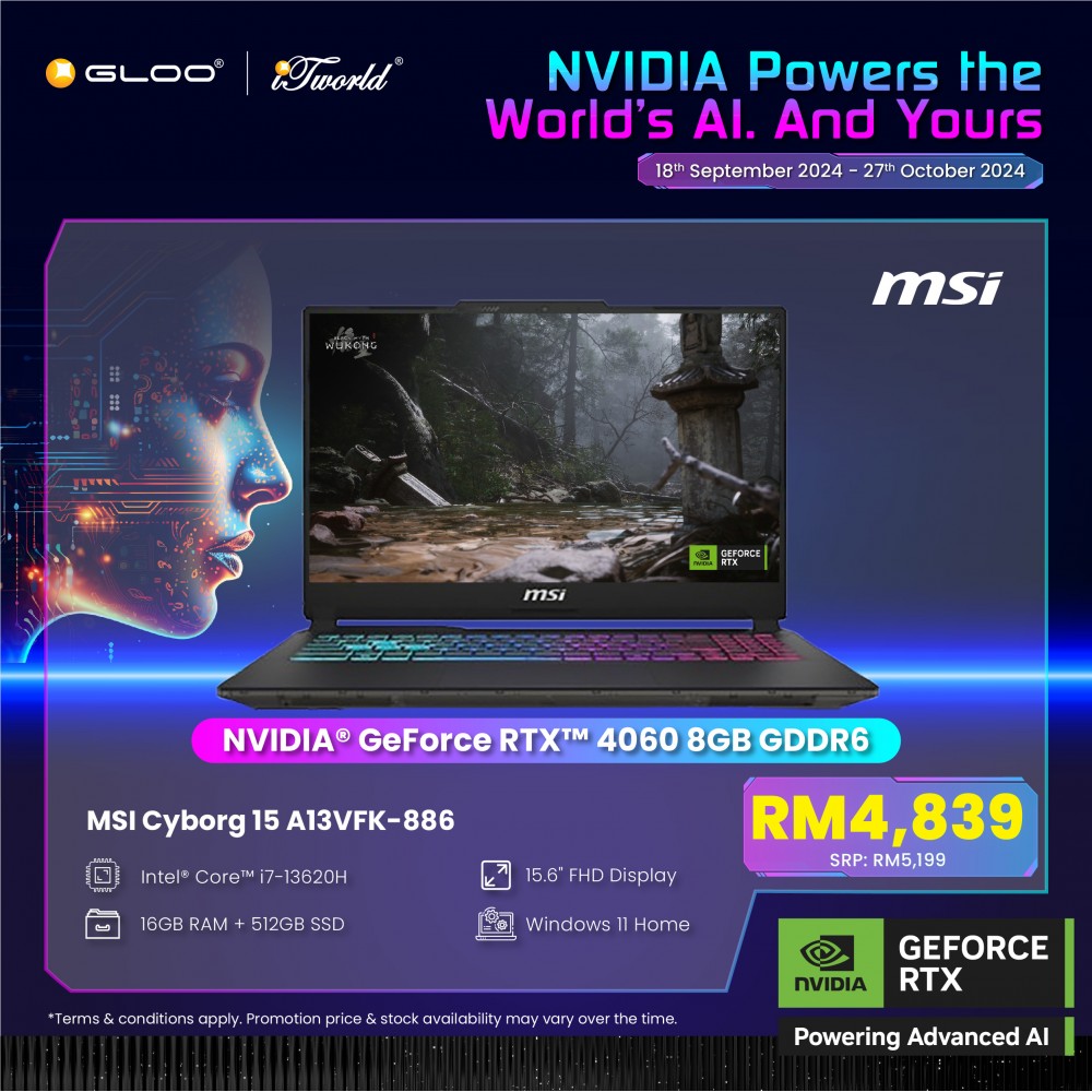 [Pre-order] MSI Cyborg 15 A13VFK-886MY Gaming Laptop (NVIDIA® GeForce RTX™ 4060 8GB,i7-13620H,16GB,512GB SSD,15.6"FHD,W11H,Black,2Y) [ETA:3-5 working days]