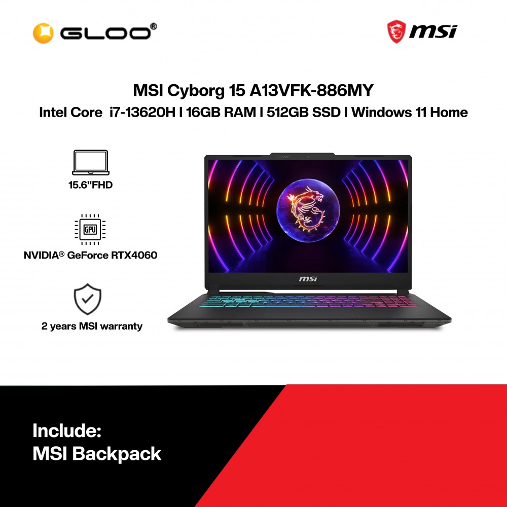 [Pre-order] MSI Cyborg 15 A13VFK-886MY Gaming Laptop (NVIDIA® GeForce RTX™ 4060 8GB,i7-13620H,16GB,512GB SSD,15.6"FHD,W11H,Black,2Y) [ETA:3-5 working days]